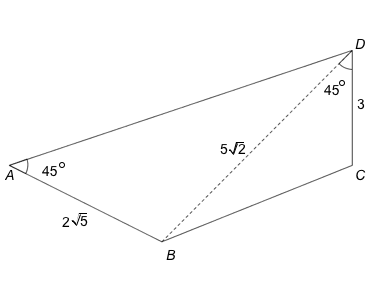 En firkant ABCD har vinkel A lik 45 grader og vinkel BDC lik 45 grader.